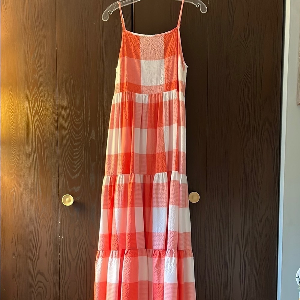 Lou & Grey spaghetti strapped orange and cream checked maxi sundress. Size XS - Picture 1 of 10